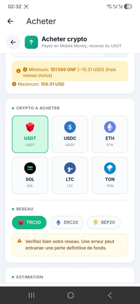 Application Syli Change — écran Acheter crypto