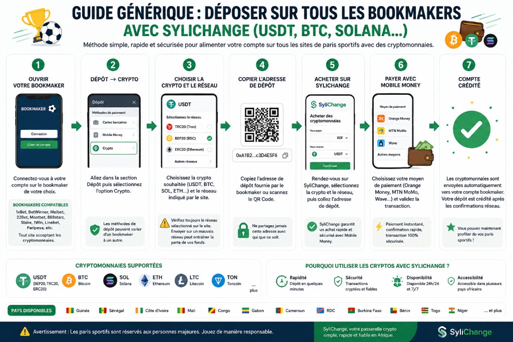 Guide dépôt votre bookmaker avec Syli Change — USDT, BTC, Solana, mobile money, 7 étapes